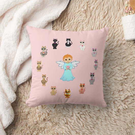 Coussin Dessins d'ange et de chat mignons sur fond rose (Couverture)