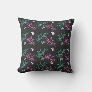 Coussin Dessins Mignons de Chat Rose Sarcelle Animal Noir
