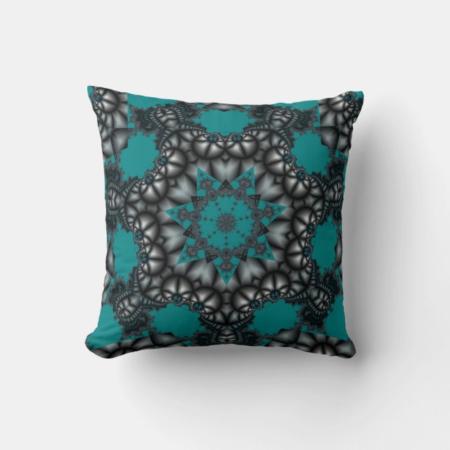coussin d'étoile fractale abstrait Turquoise et gr (Recto)