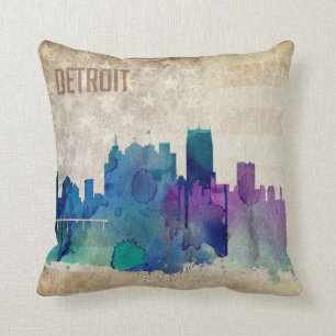 Coussin Detroit, horizon de ville d'aquarelle de MI