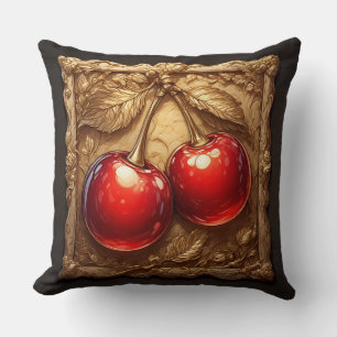 Coussin Deux cerises rouges brillantes avec des feuilles d