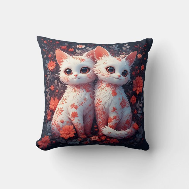 Coussin Deux chatons blancs et fleurs (Recto)