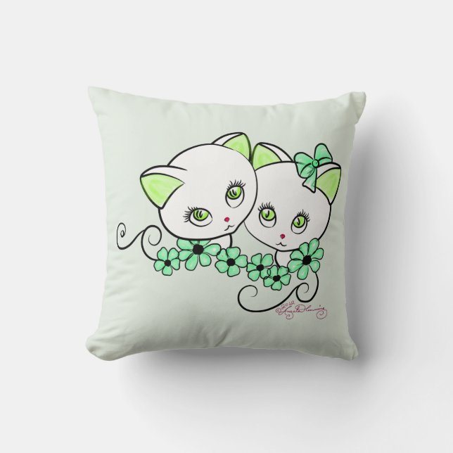 Coussin Deux chatons mignons avec des pâquerettes vertes (Recto)