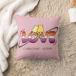 Coussin Deux chats amoureux Drapeau lesbien du coucher de