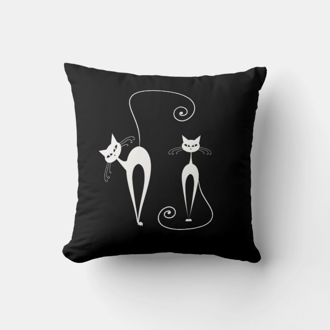 Coussin Deux chats blancs stylisés sur le noir (Recto)