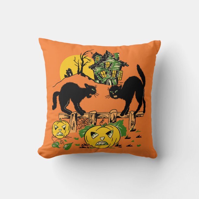 Coussin Deux chats noirs de Halloween et Chambre hantée (Recto)