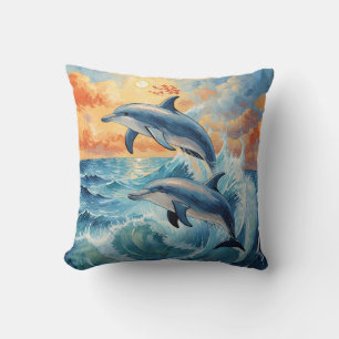 Coussin Deux dauphins de saut artistique Coucher de soleil