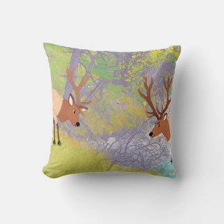 Coussin Deux élans en forêt de rivière automnale