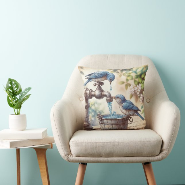 Coussin Deux oiseaux bleus avec un trou d'eau rétro (Chaise)