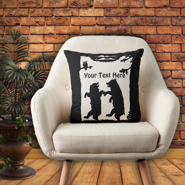 Coussin Deux ours noirs dansant sous la Chouette des arbre (Two bears dancing in woods owl in tree in black silhouette on white on throw decorative pillow.)