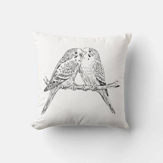 Coussin Deux perruches perchées ensemble en noir et blanc (Recto)