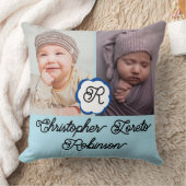 Coussin Deux photos & Nom complet & Monogramme Garçon bébé (Couverture)