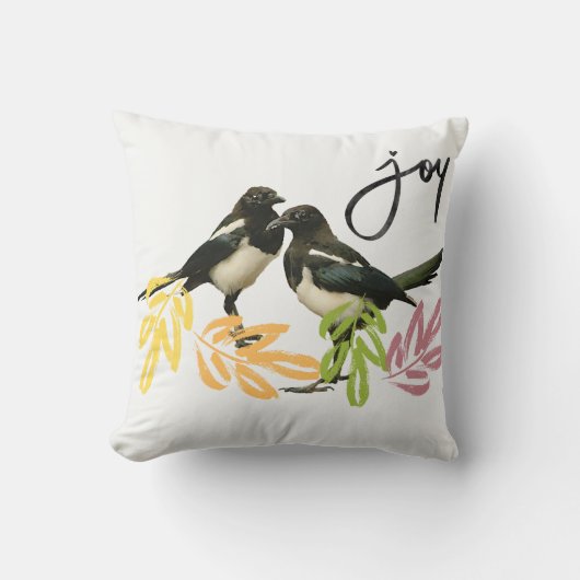 Coussin "Deux pour la joie" Magpies avec accent floral. (Recto)