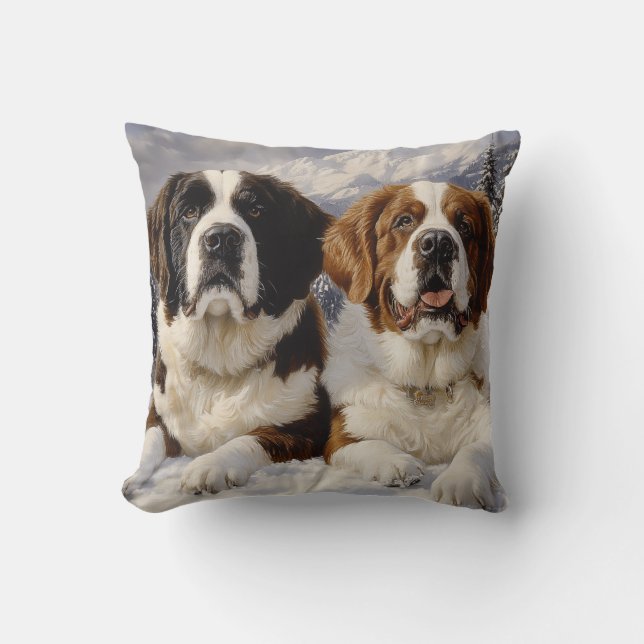 Coussin Deux Saint Bernards en neige (Recto)