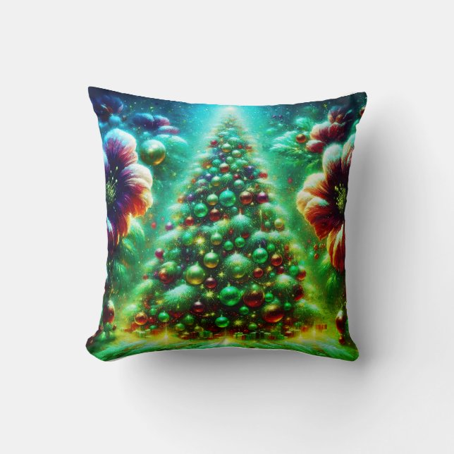 Coussin Deux sapins de Noël brillamment décorés sur un mod (Recto)