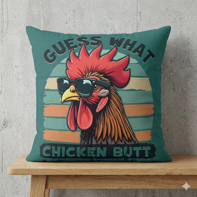 Coussin Devinez quoi Cul de Poulet Drôle Rétro Coq (Guess What Chicken Butt Funny Retro Rooster Throw Pillow Mockup A)