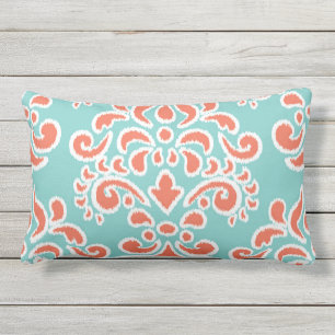 Coussin D'extérieur Aqua et corail floraux de damassé d'Ikat