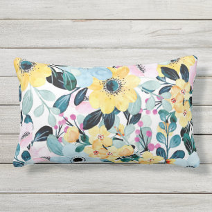 Coussin D'extérieur Aquarelle d'été Botanique Imprimer bleu jaune rose