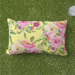 Coussin D'extérieur Aquarelle Roses en rose et rouge sur jaune