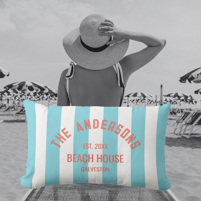 Coussin D'extérieur Beach House Nom personnalisé Blue Cabana Stripe (Créateur téléchargé)
