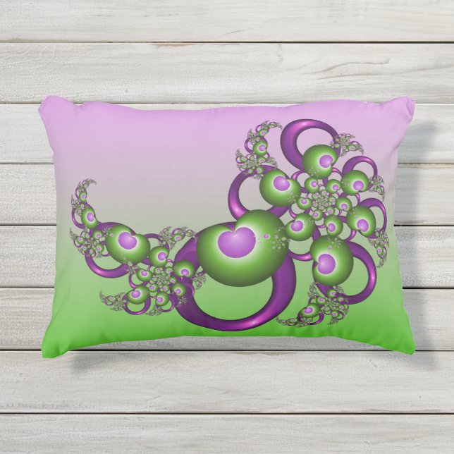 Coussin D'extérieur Beau Coeurs verts roses Moderne Abstrait Fractal (Devant)