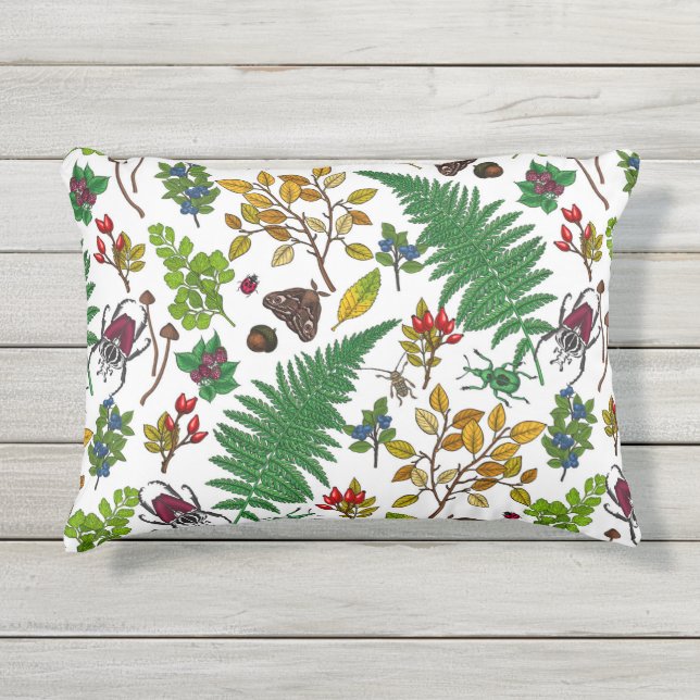 Coussin D'extérieur Berries forestières, feuilles et buissons sur blan (Devant)