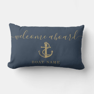 Coussin D'extérieur Bienvenue à bord nom de bateau ancre bleu marine O