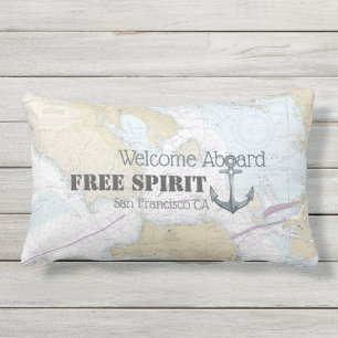 Coussin D'extérieur Bienvenue à bord Nom du bateau Ancre + Carte nauti