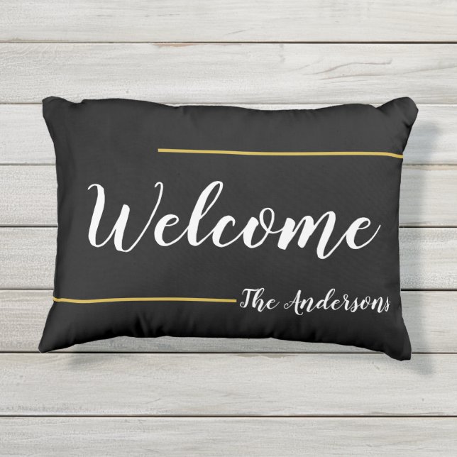 Coussin D'extérieur Bienvenue Black Gold et White Script Nom du texte (Dos)