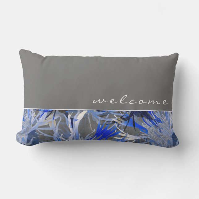 Coussin D'extérieur Bienvenue  | Blanc gris et bleu Abstrait floral (Recto)