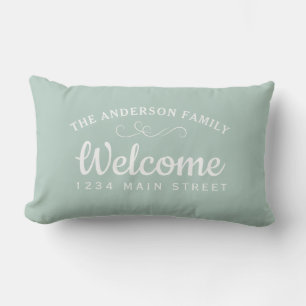 Coussin D'extérieur Bienvenue Élégante Menthe Nom de Famille Personnal