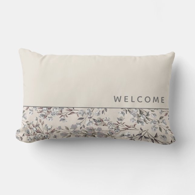 Coussin D'extérieur Bienvenue  | Linge de maison beige et fleurs grise (Recto)