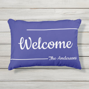 Coussin D'extérieur Bienvenue Nom de script bleu et blanc Modèle de te