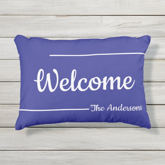 Coussin D'extérieur Bienvenue Nom de script bleu et blanc Modèle de te (Devant)