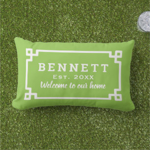 Coussin D'extérieur Bienvenue sur clé grecque vert citron monogramme