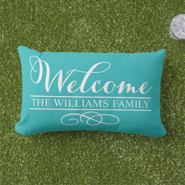 Coussin D'extérieur Bienvenue Turquoise Blue Custom Nom (Herbe)