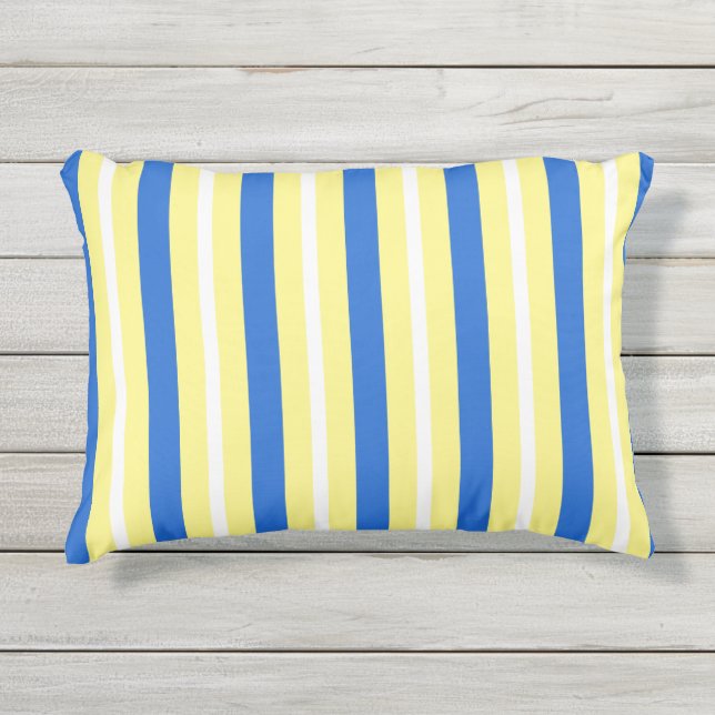 Coussin D'extérieur Blanc jaune moderne et bleu gras rayé (Devant)