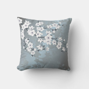 Coussin D'extérieur Bleu Dusté Blanc Floral Fleurs de cerisiers