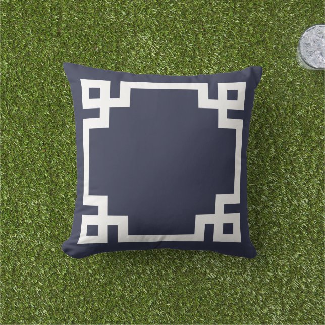 Coussin D'extérieur Bordure de la marine à clé bleue et blanche grecqu (Herbe)