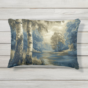 Coussin D'extérieur Bouleaux Bleus Dorés au Bord de la Rivière