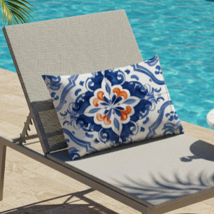 Coussin D'extérieur Carreaux Portugais Motif Bleu Blanc Orange