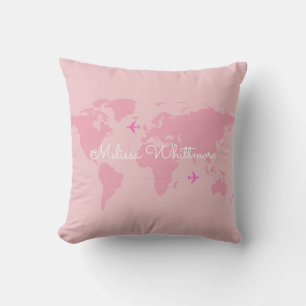 Coussin D'extérieur carte du monde et avions roses, coutume