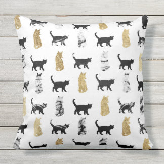 Coussin D'extérieur Chats Kitty en or et noir et Marbre blanc