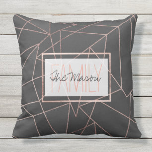 Coussin D'extérieur Chic Rose Gold Geo Outline Black Charcoal Monogram