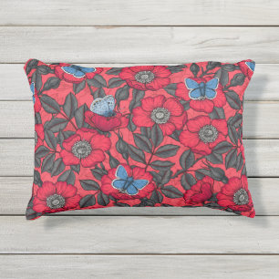 Coussin D'extérieur Chien rose et papillons en rouge et bleu