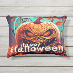 Coussin D'extérieur Citrouille orange effrayante avec visage, Hallowee