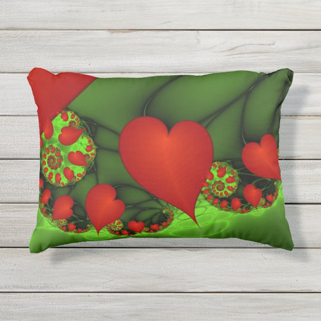 Coussin D'extérieur Coeurs rouges Lime vert Moderne Art Abstrait fract (Devant)