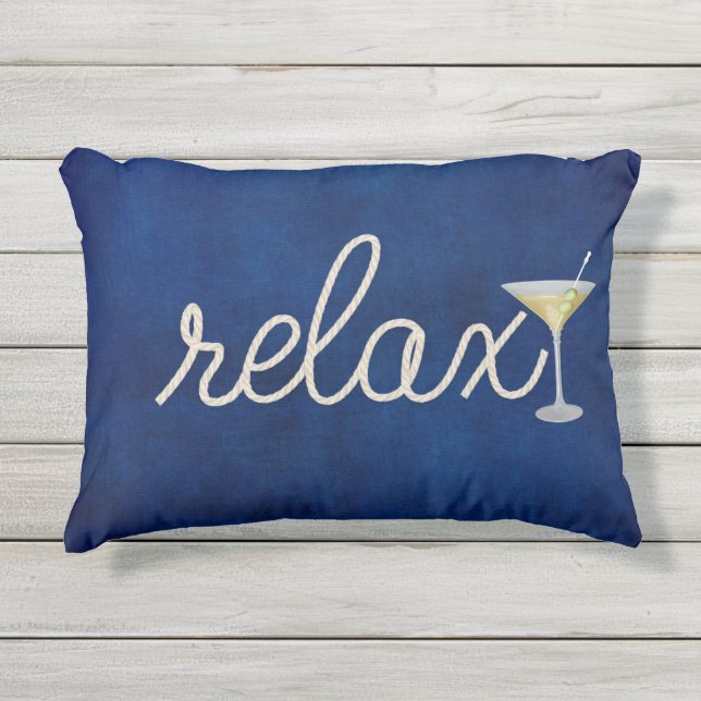 Coussin D'extérieur corde nautique sur bleu avec martini et texte rela (Devant)