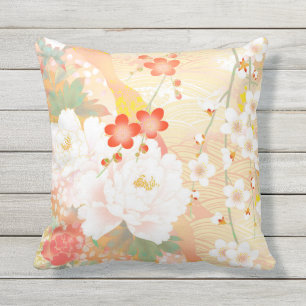 Coussin D'extérieur Couleurs douces florales japonaises d'accent