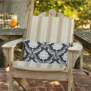 Coussin D'extérieur Damas Rococo Grand Motif Blanc sur Noir